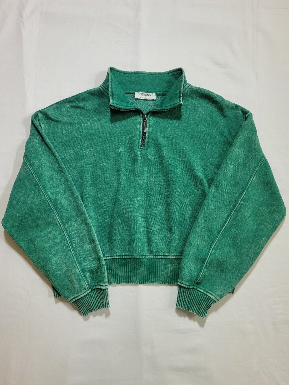 Zenana Acid Wash Fleece Half Zip Pullover Crop Sweatshirt Green Small Athleisure - Picture 2 of 10
